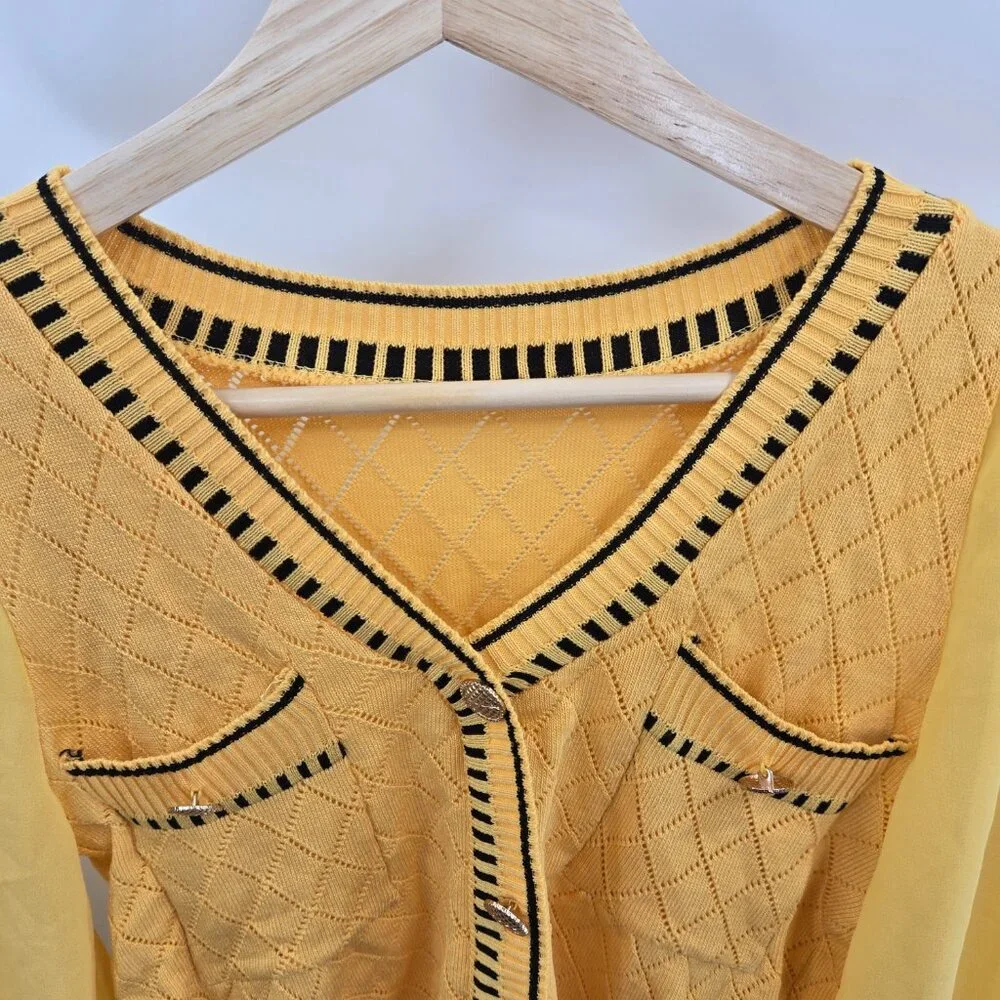 Yellow Sheer Sleeve Knit V-Neck Lightweight Cardigan Blouse Size Small